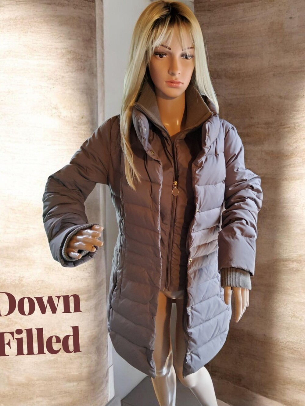 Tahari Taupe Double Layer Mid Length Quilted Down Puffer Jacket/Coat